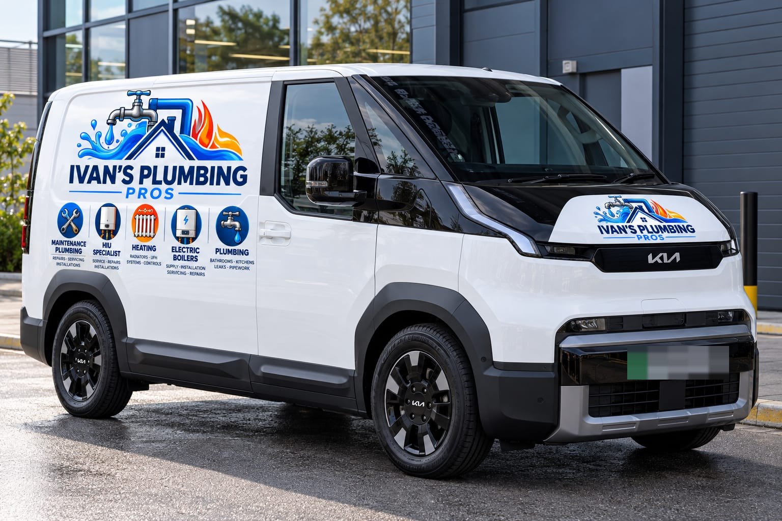Ivan's van, lettered with the Ivan's Plumbing logo and the services it covers: maintenance plumbing, HIU, heating, electric boilers and plumbing